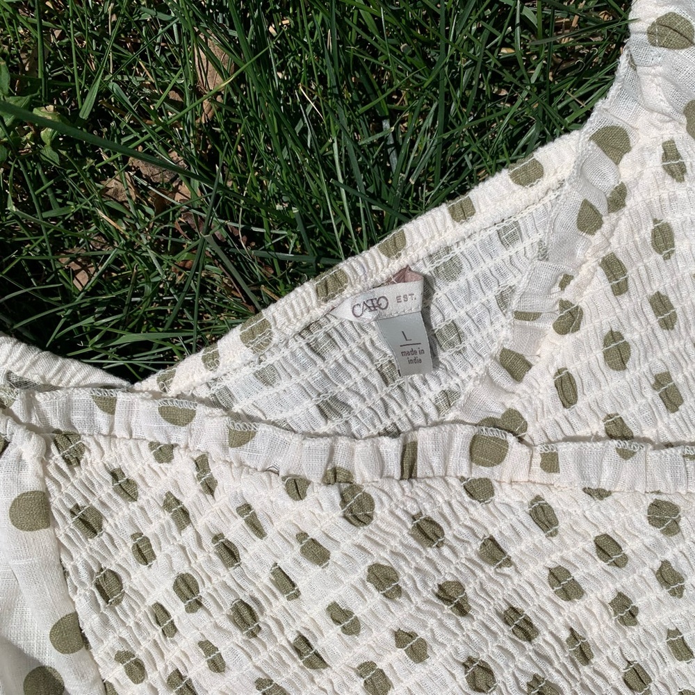 100% cotton polka dot long sleeve ruched top blouse green NWT Sz L Linen Cottage - Picture 3 of 6